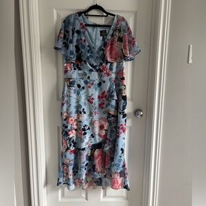 Adrianna Papell Light Blue Floral Wrap Midi Dress